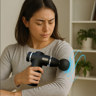 fille fait massage biceps avec pistolet massage