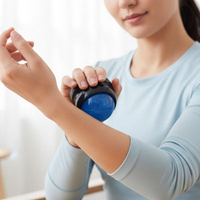 fille fait massage au bras avec boule de massage bleu appareil de massage