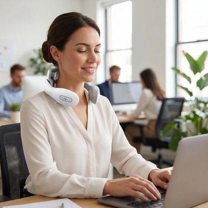 fille travaille bureau avec son appareil de massage cervical 4 têtes