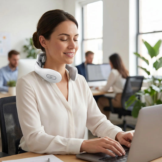 fille travaille bureau avec son appareil de massage cervical 4 têtes