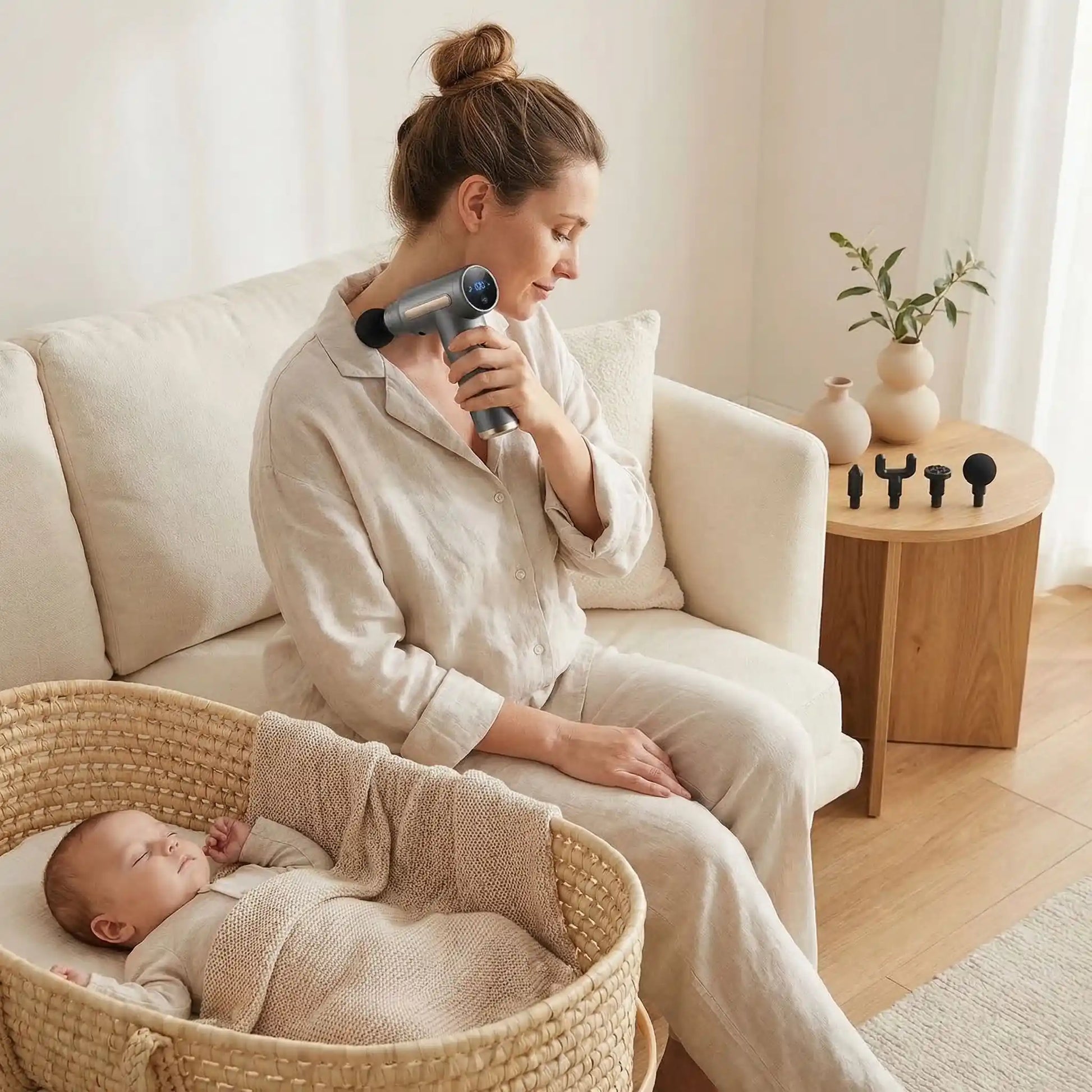 Fille utilise pistolet de massage avec bebe a cote