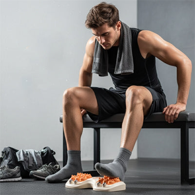 appareil de massage gars utilise rouleau de massage pieds orange